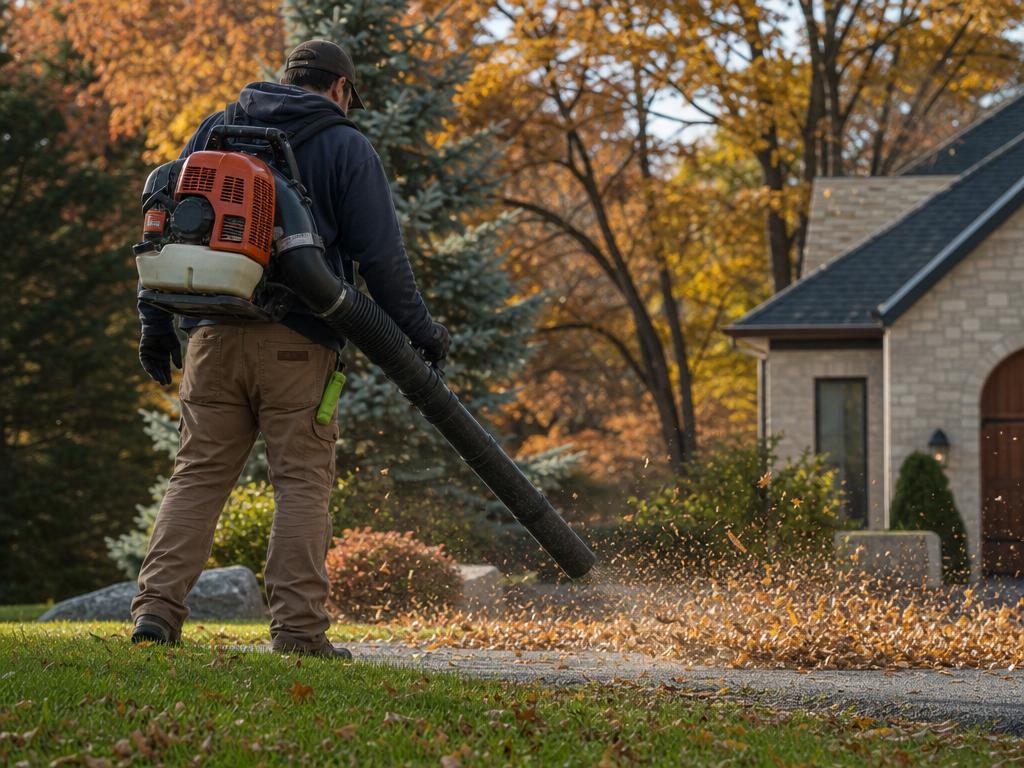 Worker using a backpack leaf blower to clear autumn leaves