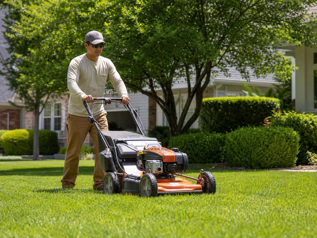 Worker pushing a commercial lawn mower across a green lawn