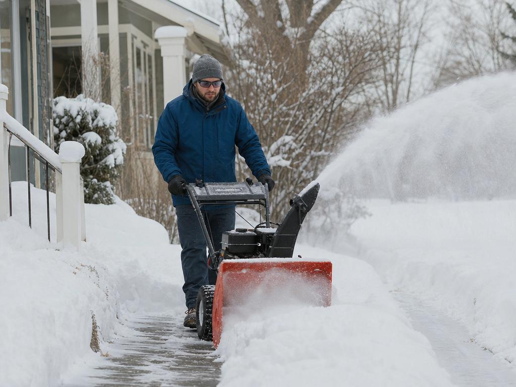 Worker operating a snow blower to clear a snowy walkway