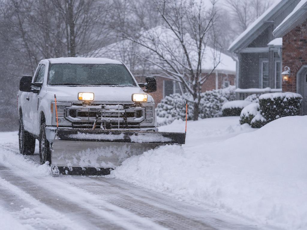 Pickup truck with snow plow clearing a residential driveway